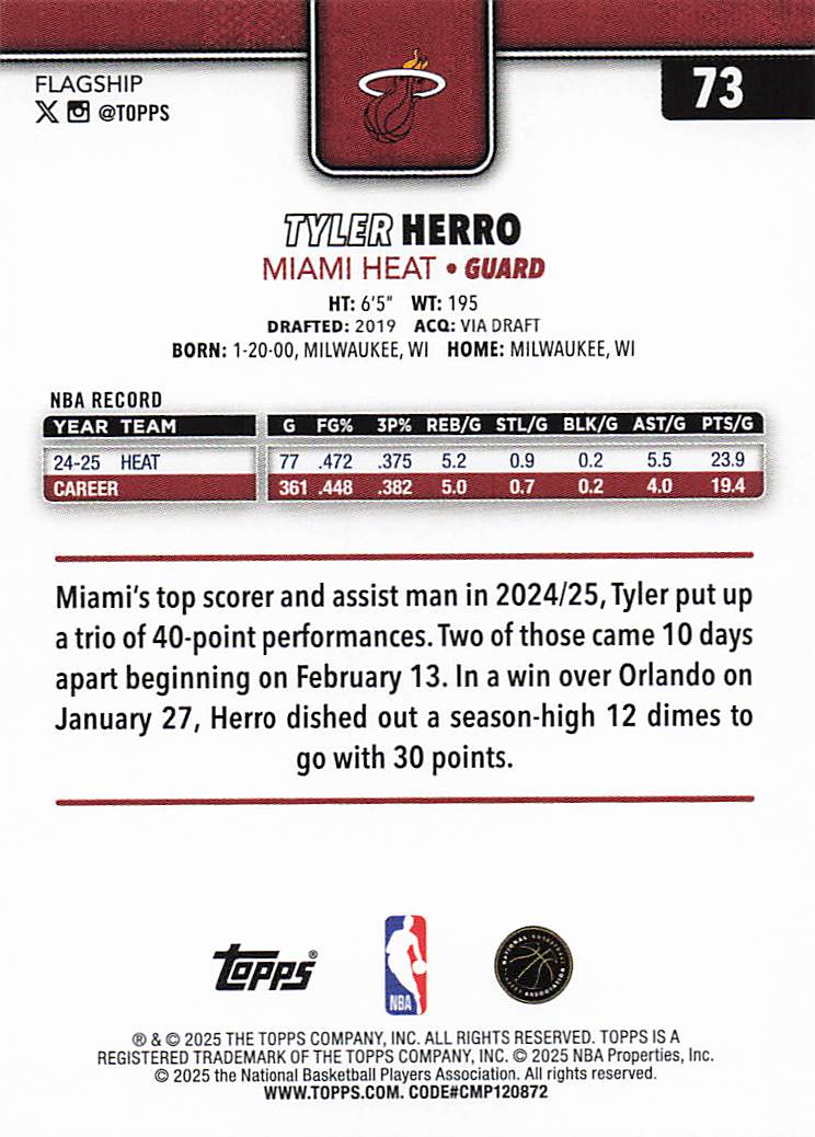 2025-26 Topps Basketball Tyler Herro #73