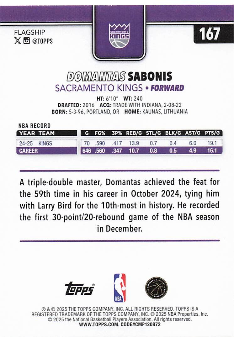 2025-26 Topps Basketball Domantas Sabonis #167