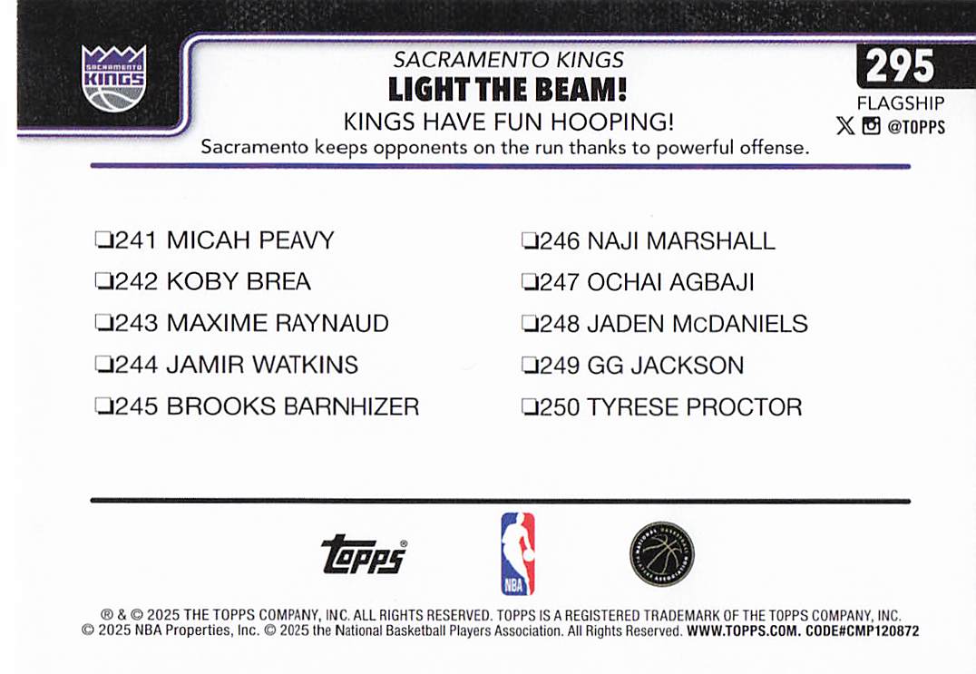 2025-26 Topps Basketball Light The Beam!: Kings Have Fun Hooping! #295