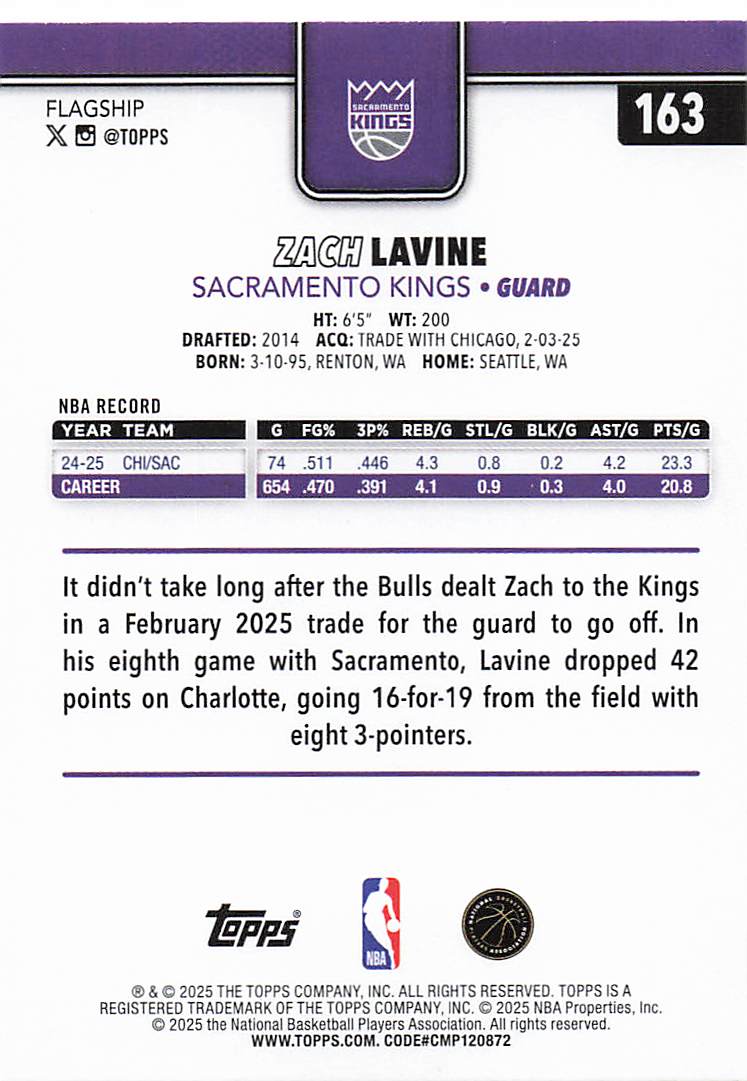 2025-26 Topps Basketball Zach LaVine #163