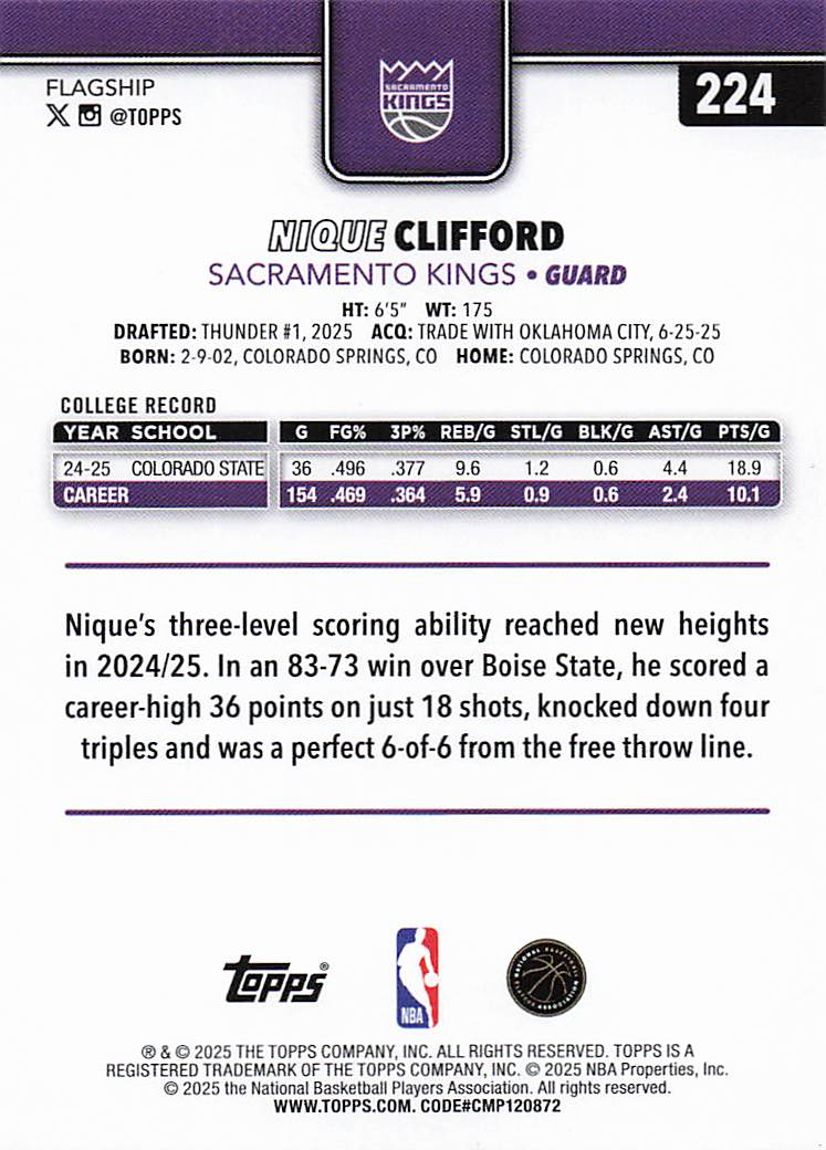 2025-26 Topps Basketball Nique Clifford #224 Rookie