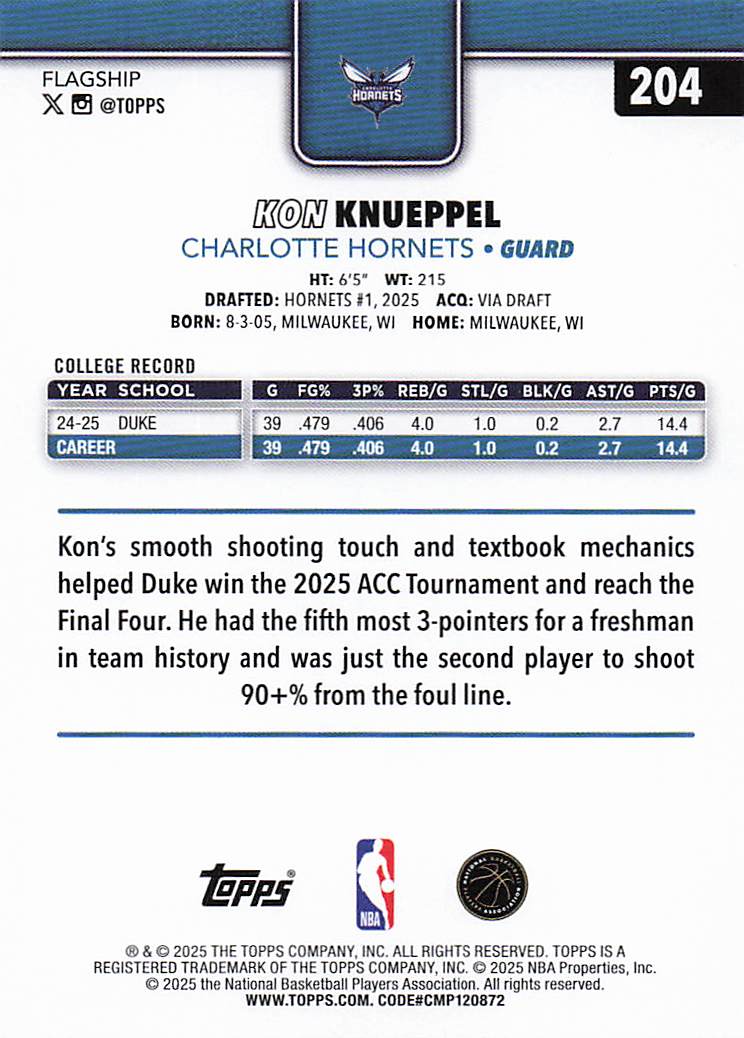 2025-26 Topps Basketball Kon Knueppel #204 Rookie