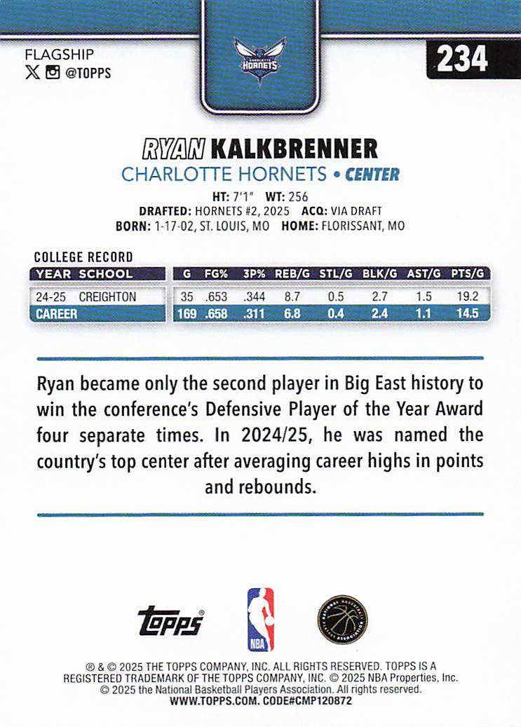 2025-26 Topps Basketball Ryan Kalkbrenner #234 Rookie