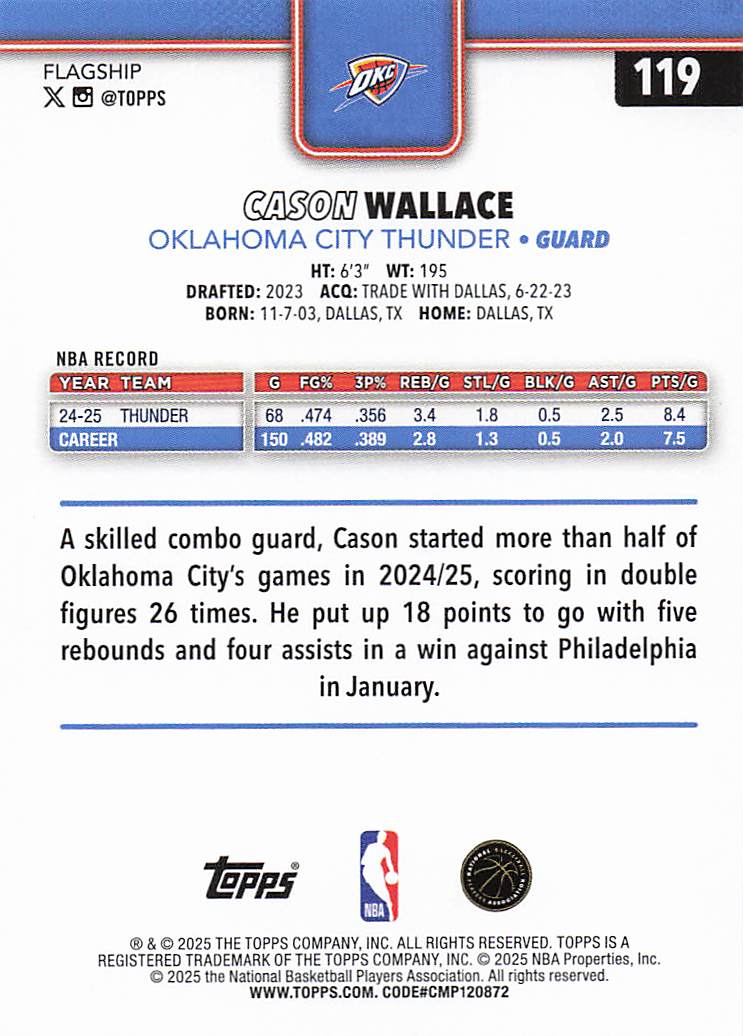 2025-26 Topps Basketball Cason Wallace #119