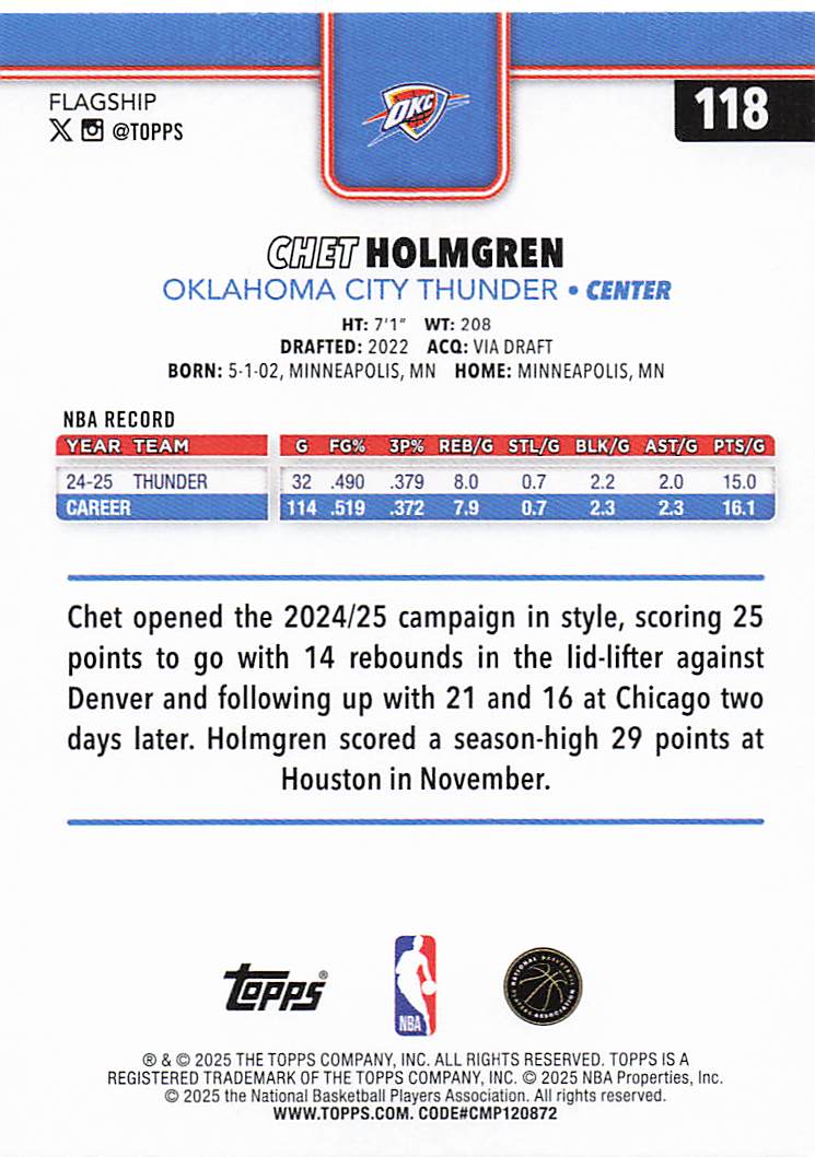 2025-26 Topps Basketball Chet Holmgren #118