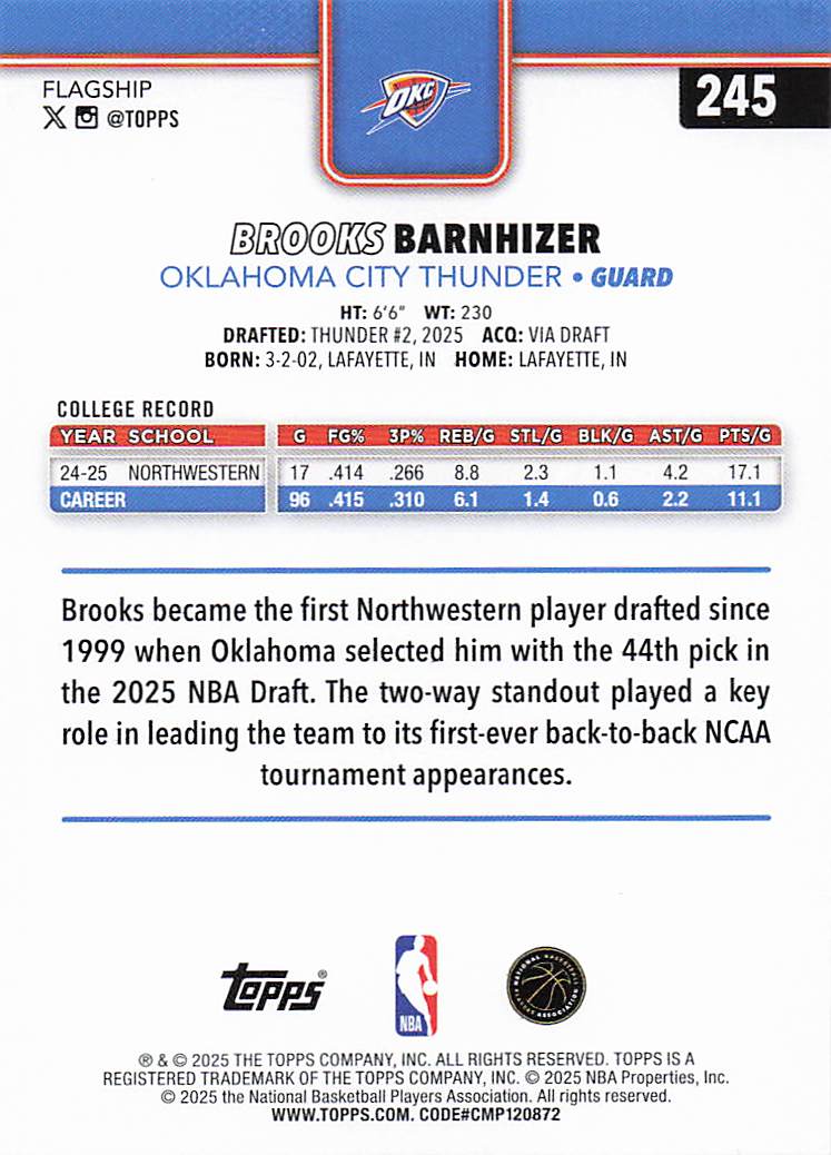 2025-26 Topps Basketball Brooks Barnhizer #245 Rookie