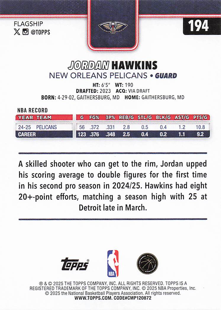 2025-26 Topps Basketball Jordan Hawkins #194