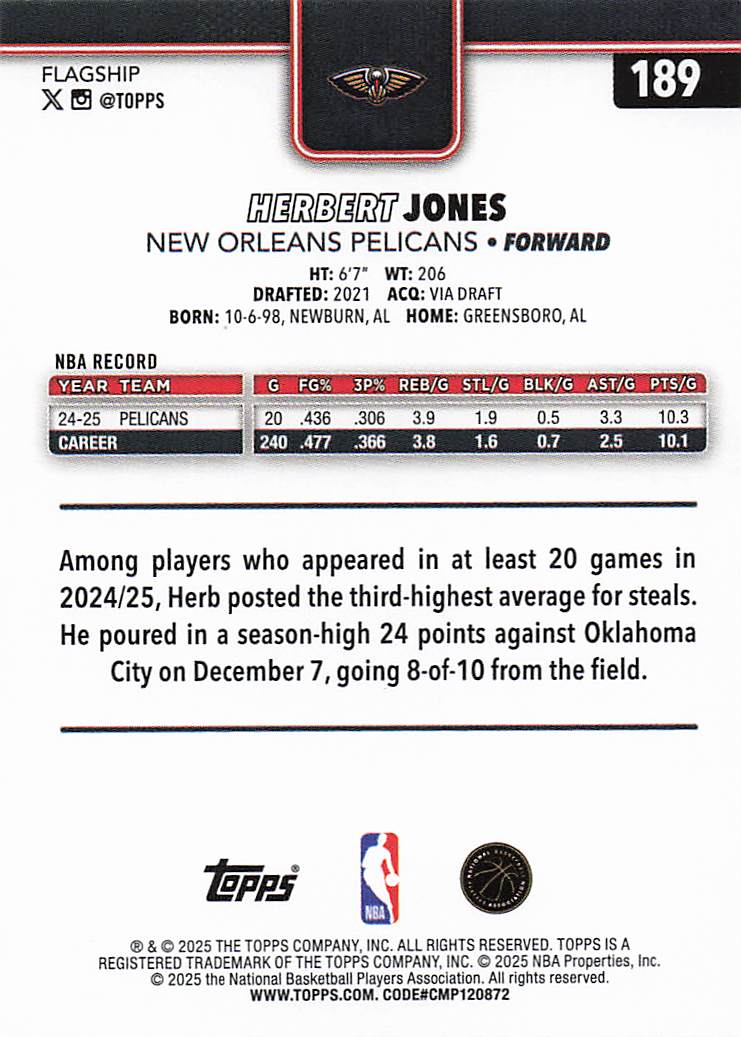 2025-26 Topps Basketball Herbert Jones #189
