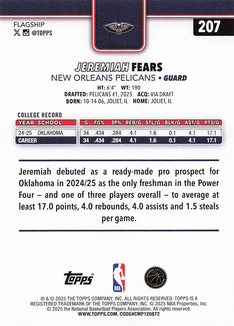 2025-26 Topps Basketball Jeremiah Fears #207 Rookie