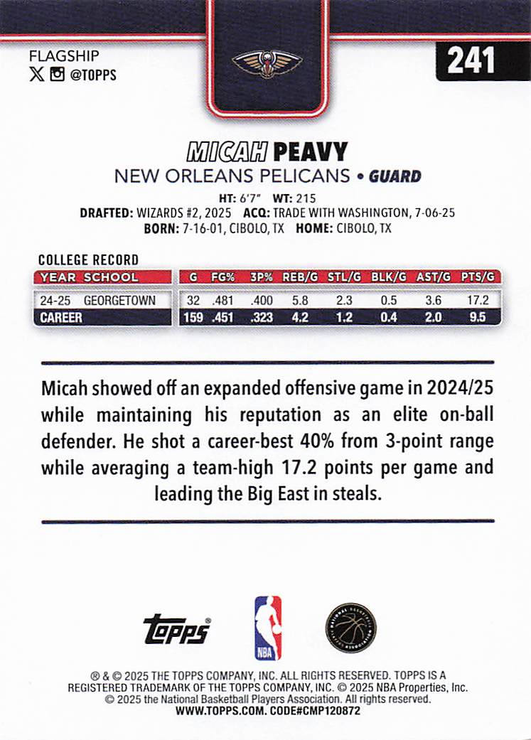2025-26 Topps Basketball Micah Peavy #241 Rookie