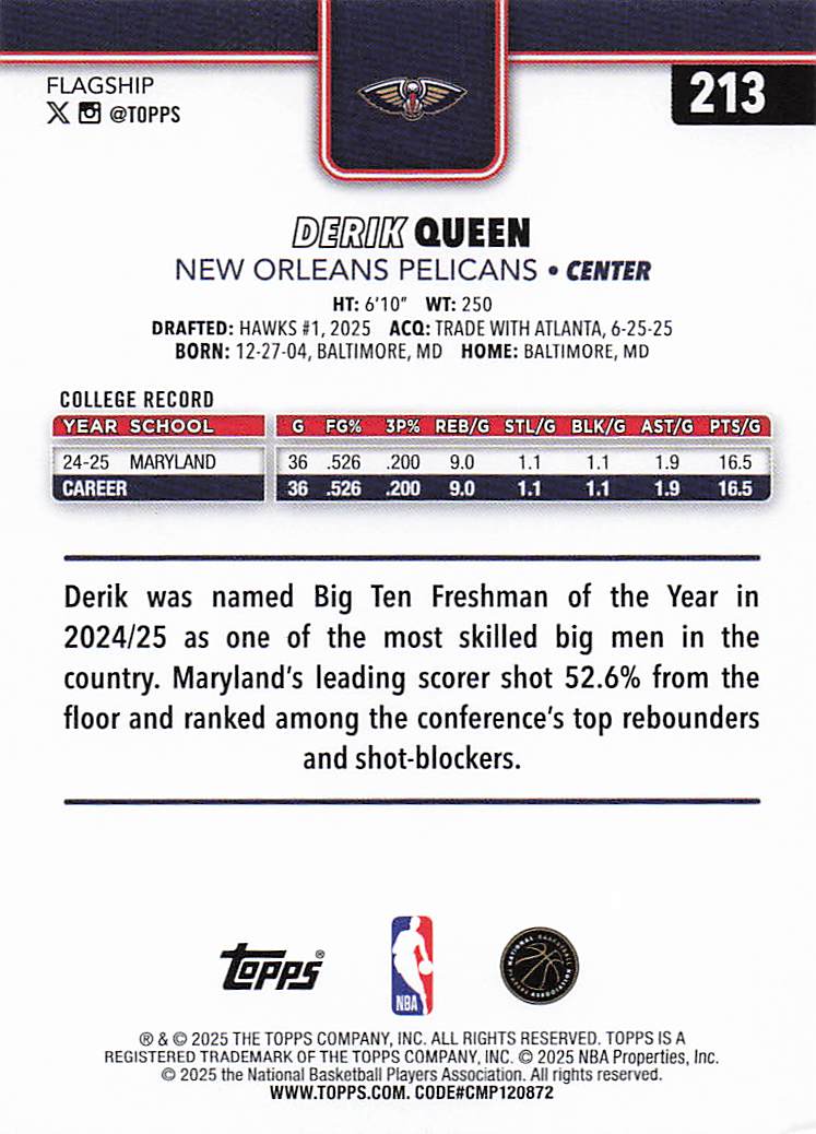 2025-26 Topps Basketball Derik Queen #213 Rookie