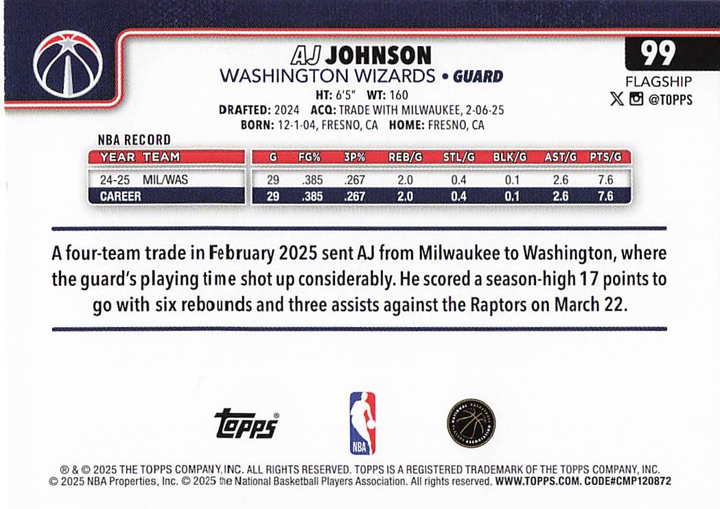 2025-26 Topps Basketball AJ Johnson #99