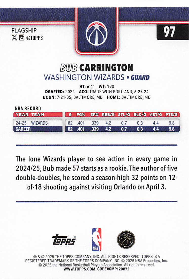 2025-26 Topps Basketball Bub Carrington #97