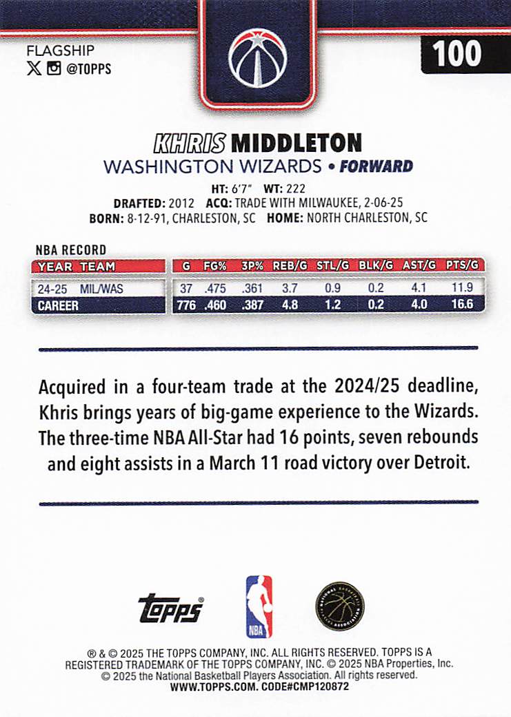 2025-26 Topps Basketball Khris Middleton #100