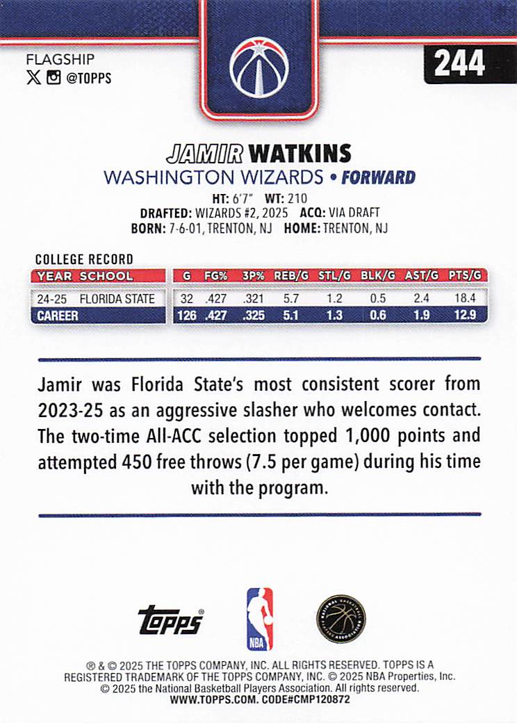 2025-26 Topps Basketball Jamir Watkins #244 Rookie