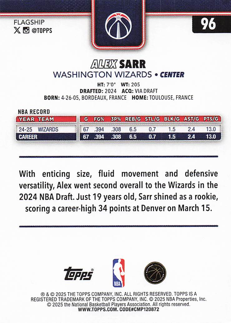 2025-26 Topps Basketball Alex Sarr #96