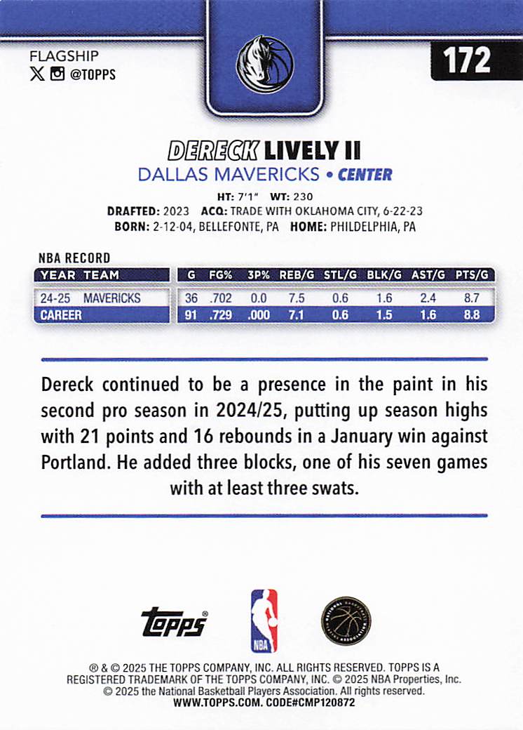 2025-26 Topps Basketball Dereck Lively II #172