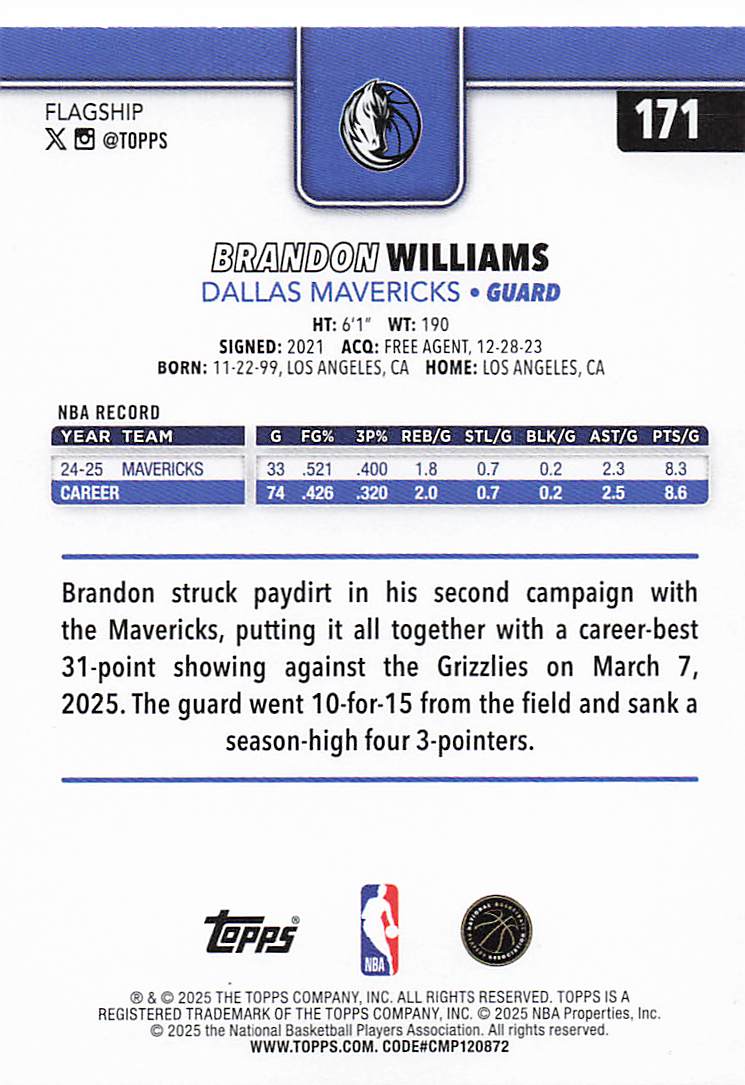 2025-26 Topps Basketball Brandon Williams #171