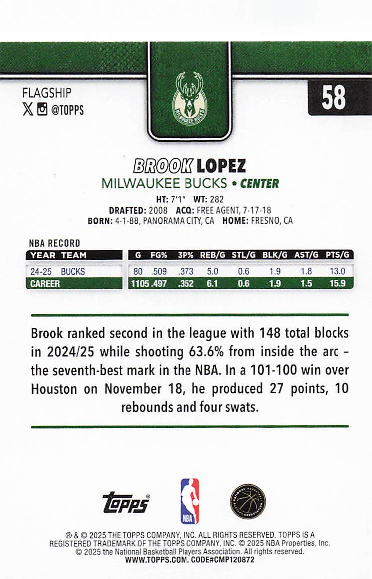 2025-26 Topps Basketball Brook Lopez #58