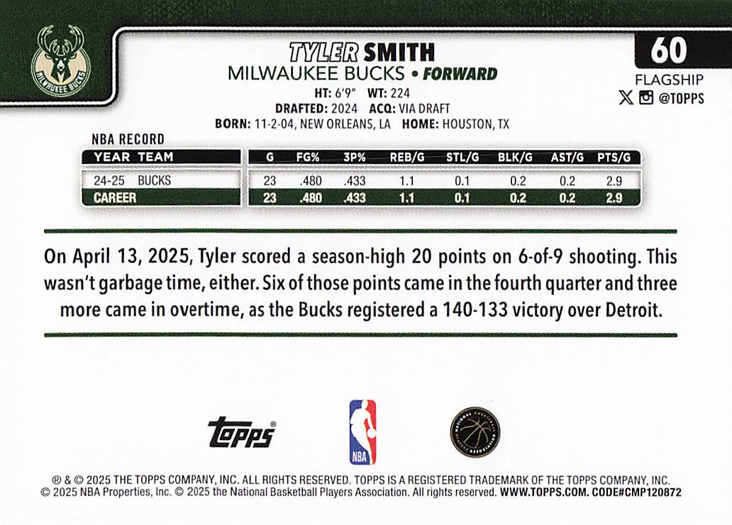2025-26 Topps Basketball Tyler Smith #60