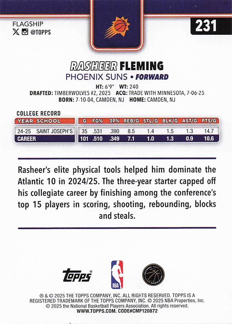 2025-26 Topps Basketball Rasheer Fleming #231 Rookie
