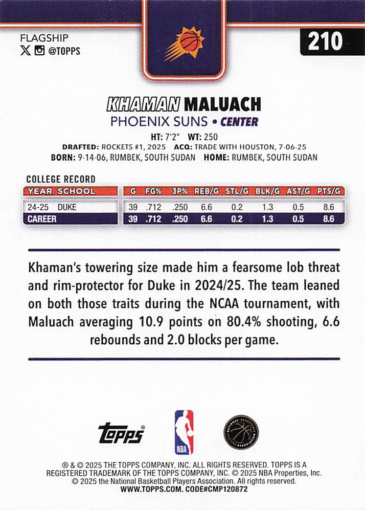 2025-26 Topps Basketball Khaman Maluach #210 Rookie