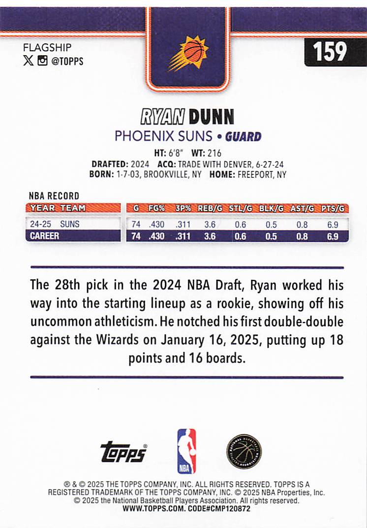 2025-26 Topps Basketball Ryan Dunn #159