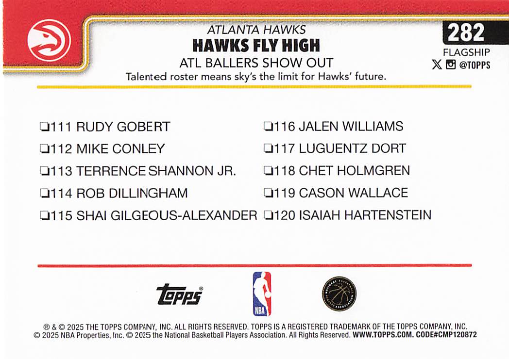 2025-26 Topps Basketball Hawks Fly High: ATL Ballers Show Out #282