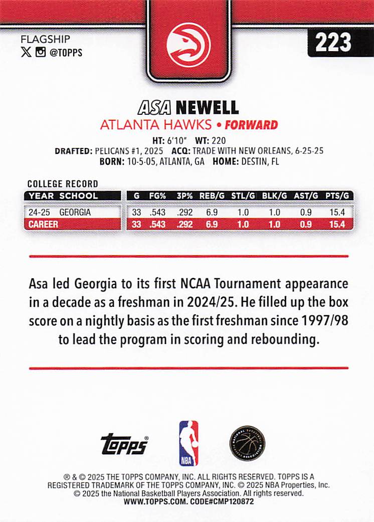 2025-26 Topps Basketball Asa Newell #223 Rookie