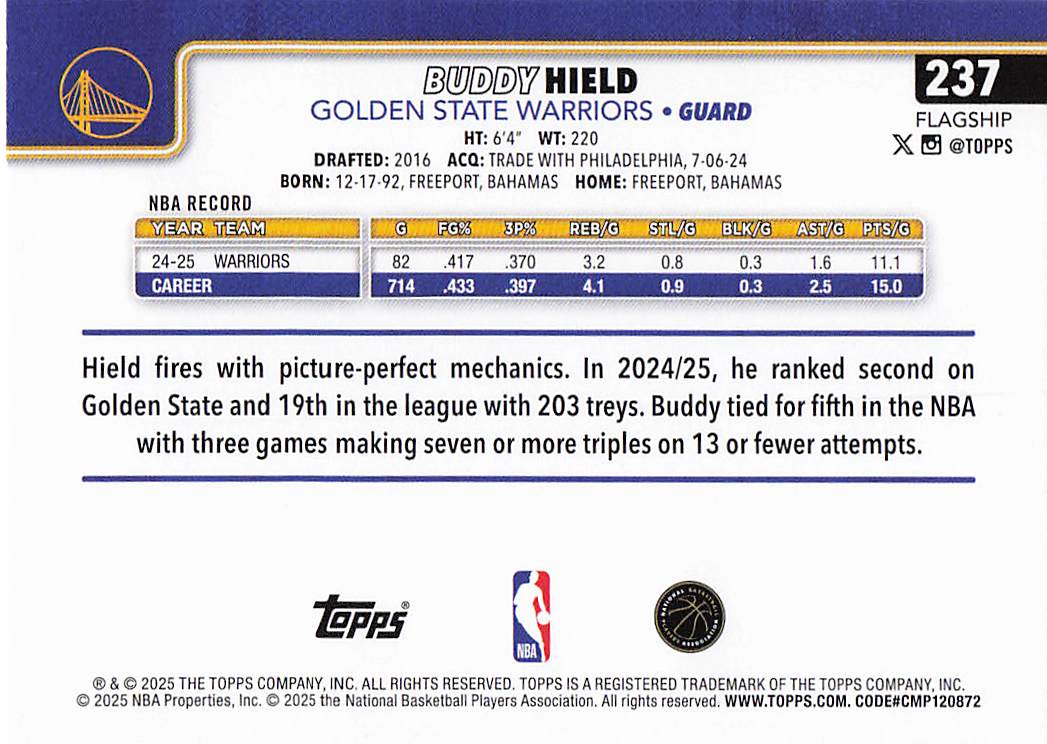 2025-26 Topps Basketball Buddy Hield #237