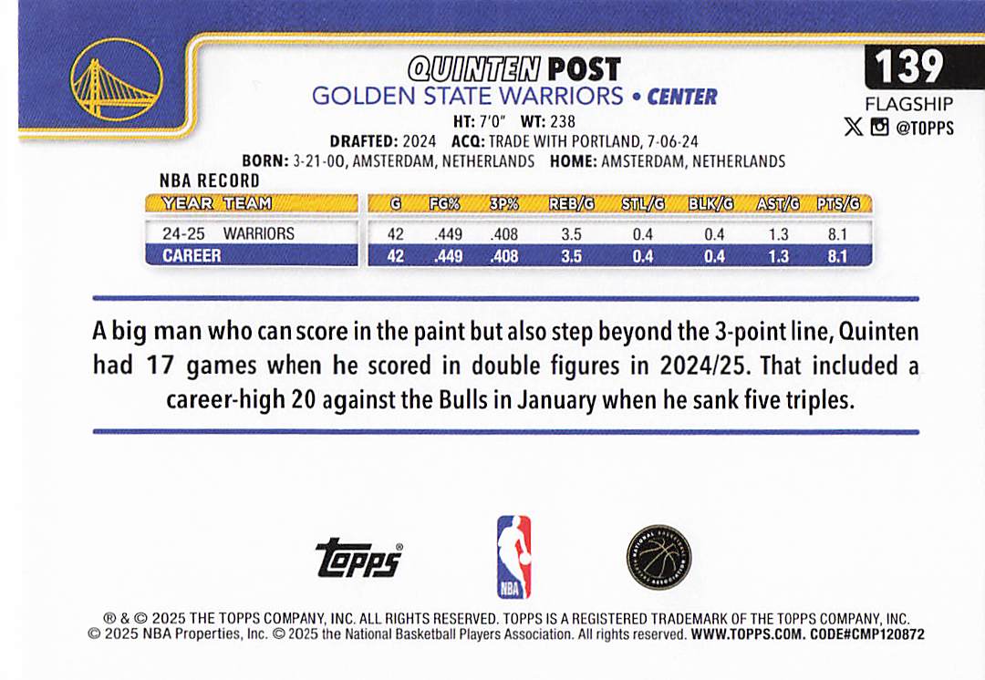 2025-26 Topps Basketball Quinten Post #139