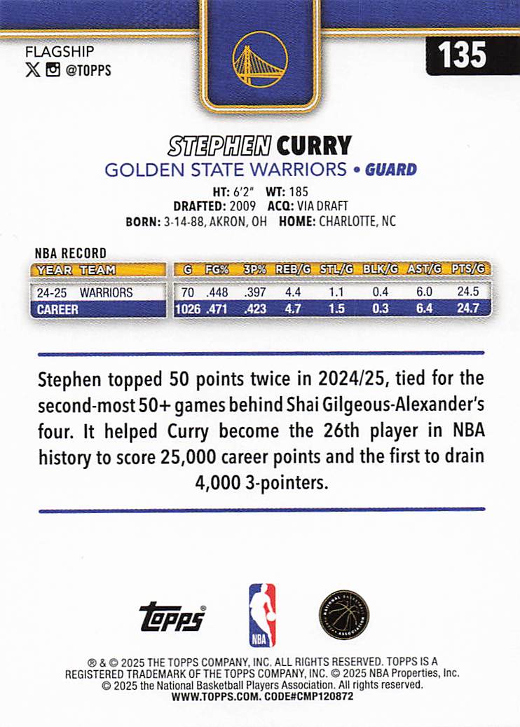 2025-26 Topps Basketball Sandglitter Stephen Curry #135