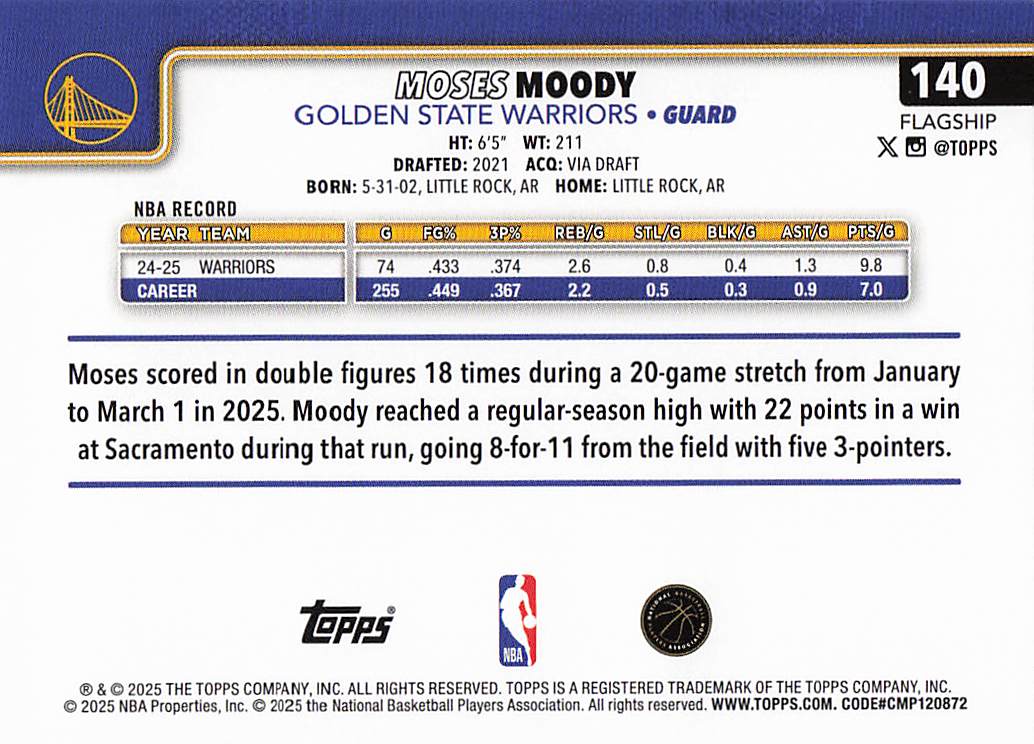 2025-26 Topps Basketball Moses Moody #140