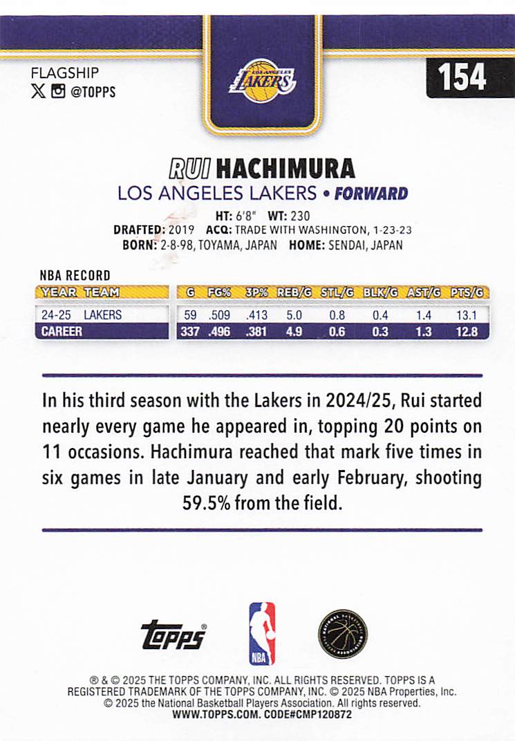 2025-26 Topps Basketball Rui Hachimura #154