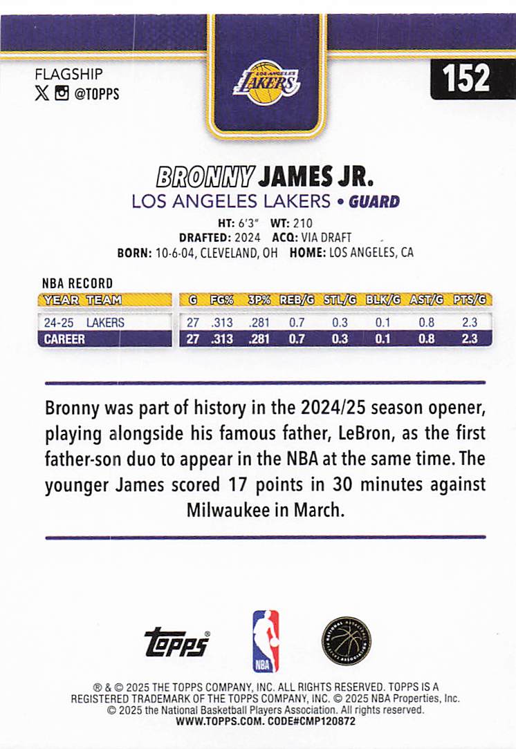 2025-26 Topps Basketball Bronny James Jr. #152