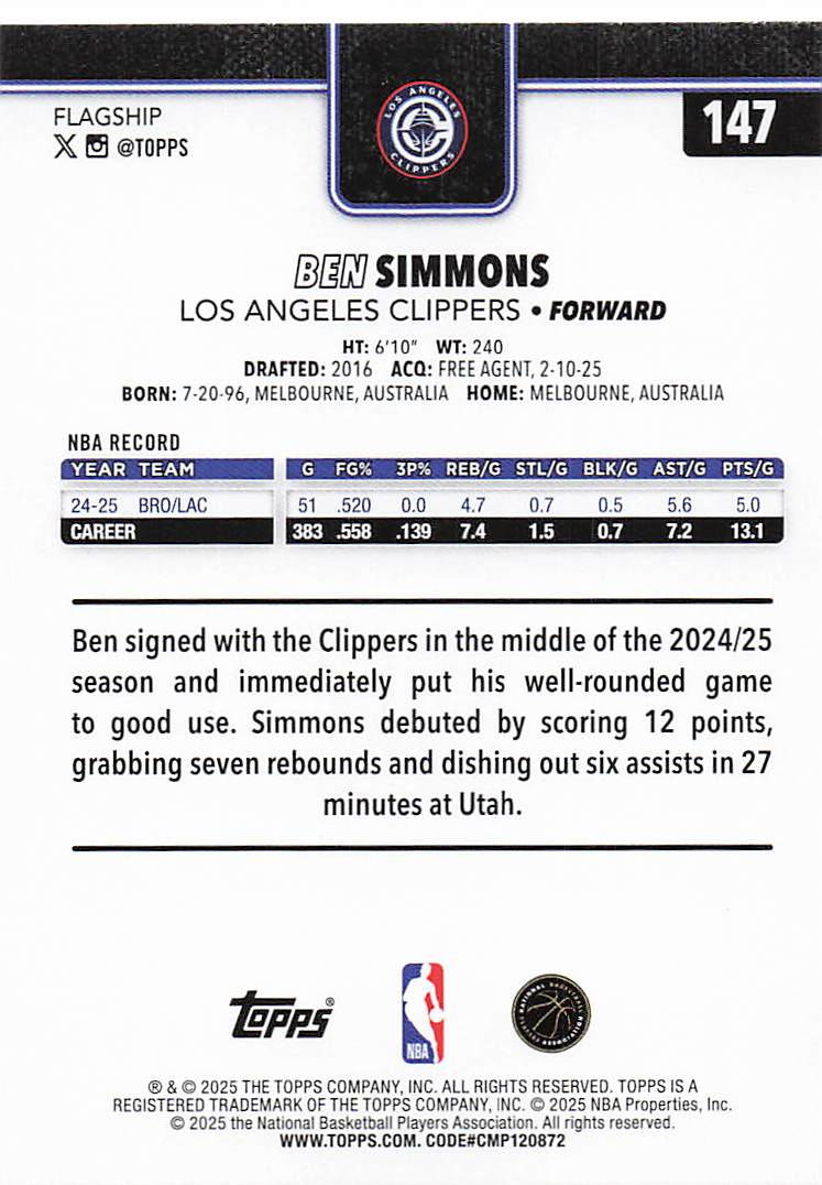 2025-26 Topps Basketball Ben Simmons #147