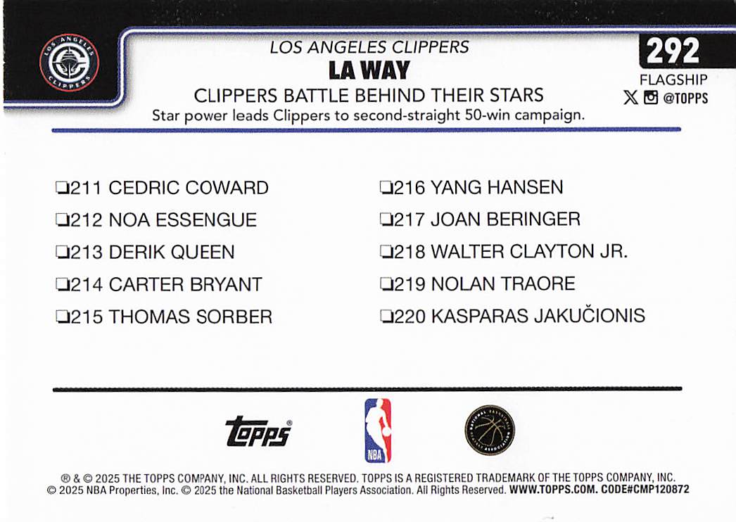 2025-26 Topps Basketball LA Way: Clippers Battle Behind Their Stars #292