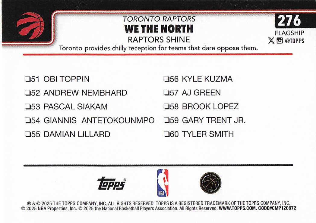 2025-26 Topps Basketball We The North: Raptors Shine #276