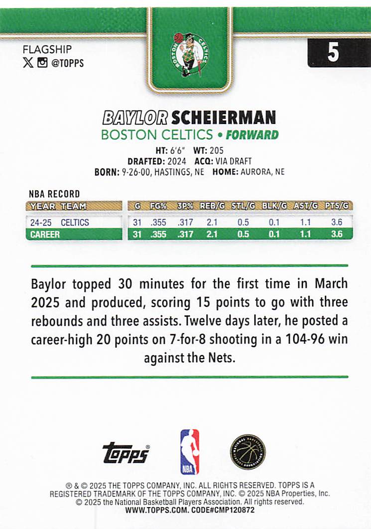 2025-26 Topps Basketball Baylor Scheierman #5