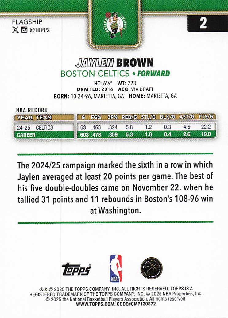 2025-26 Topps Basketball Jaylen Brown #2