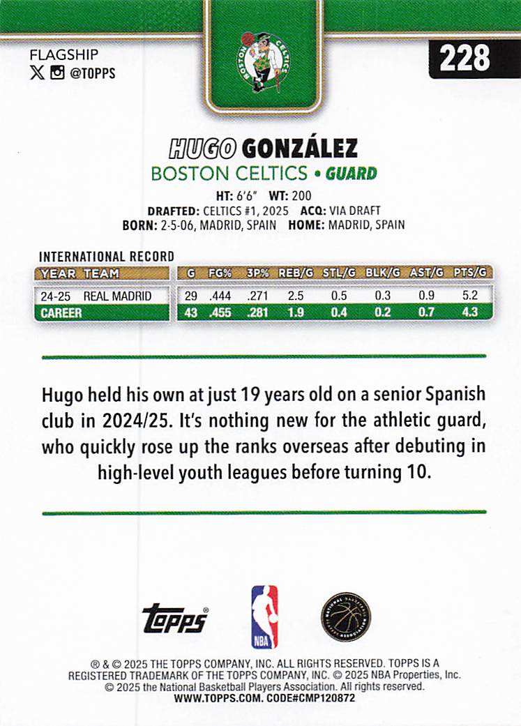 2025-26 Topps Basketball Hugo Gonza?lez #228 Rookie