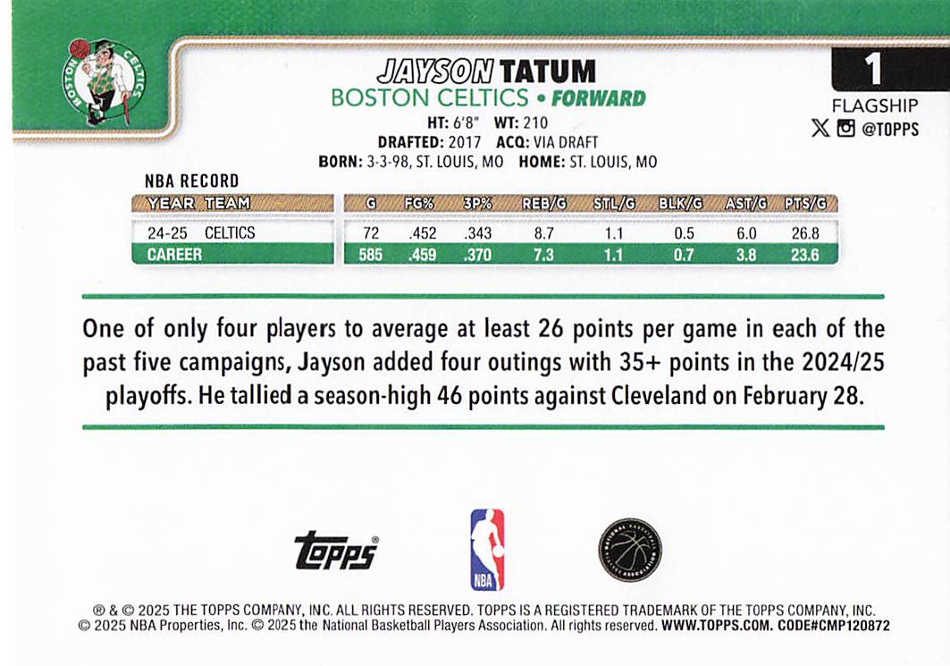 2025-26 Topps Basketball Jayson Tatum #1