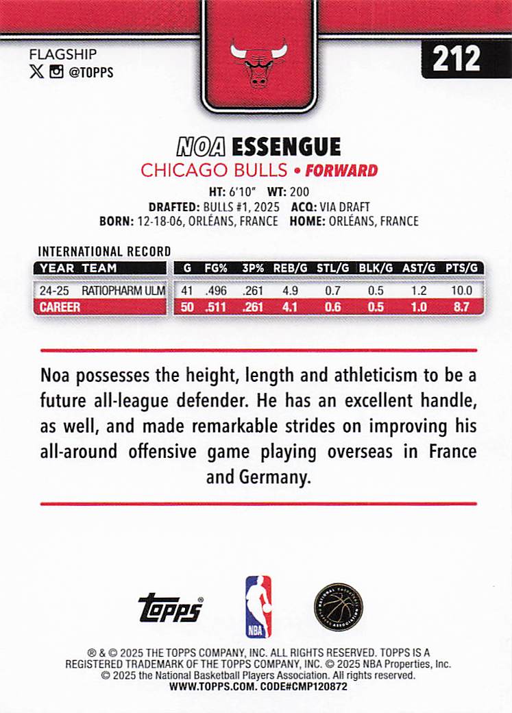 2025-26 Topps Basketball Noa Essengue #212 Rookie