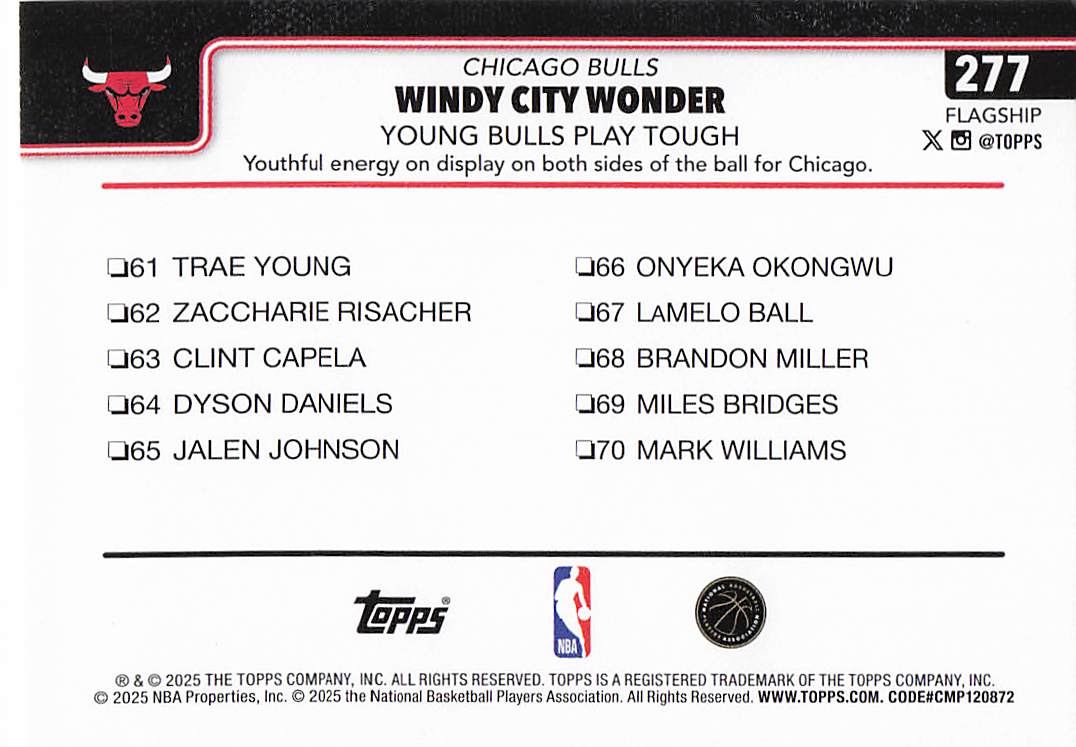 2025-26 Topps Basketball Windy City Wonder: Young Bulls Play Tough #277