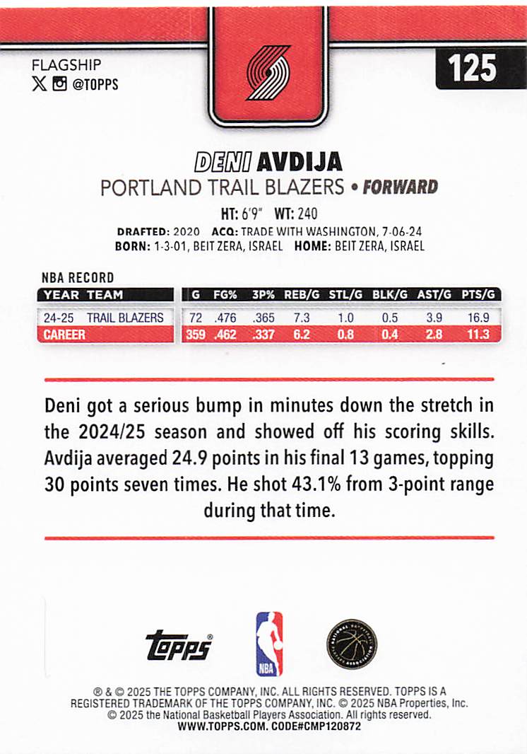 2025-26 Topps Basketball Deni Avdija #125