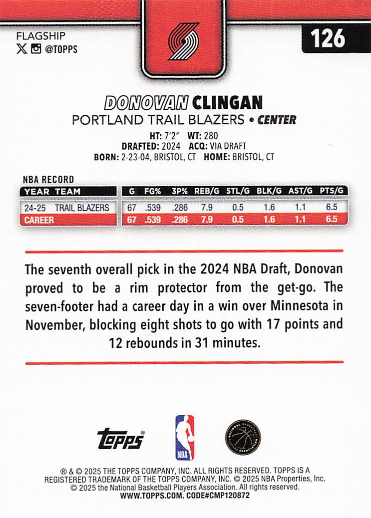 2025-26 Topps Basketball Donovan Clingan #126