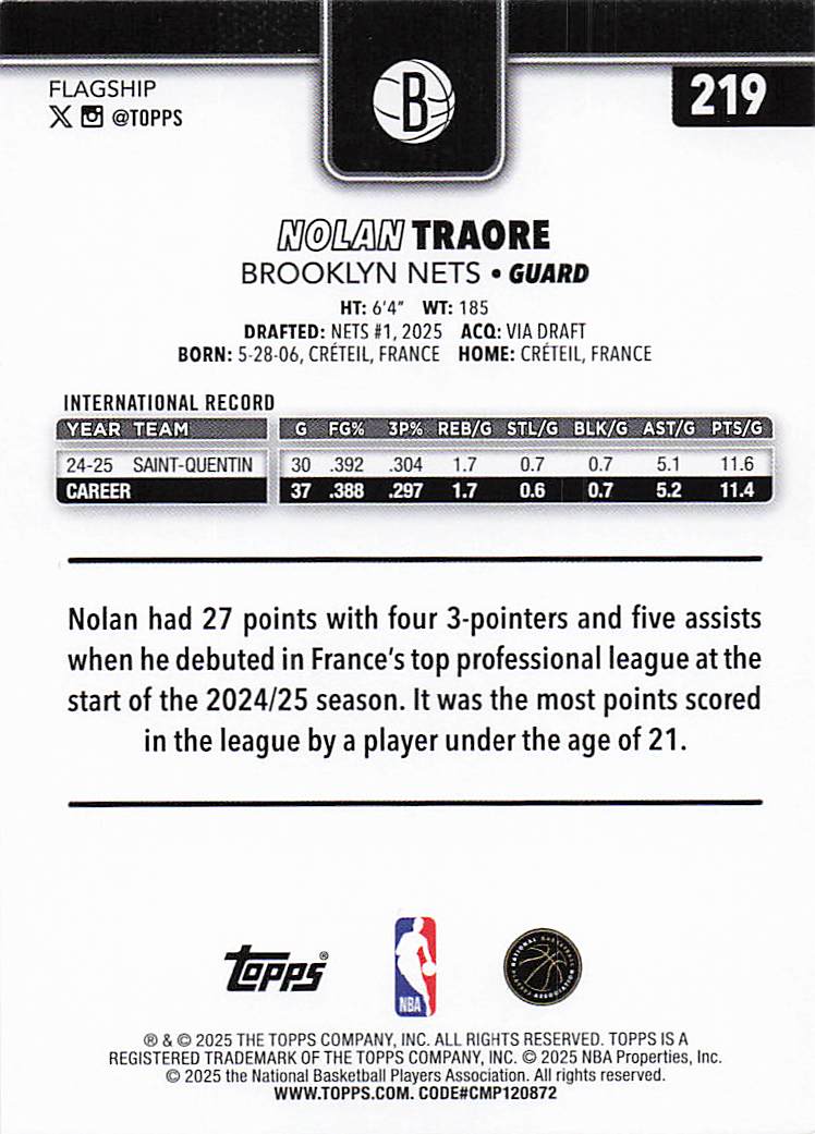 2025-26 Topps Basketball Nolan Traore #219 Rookie