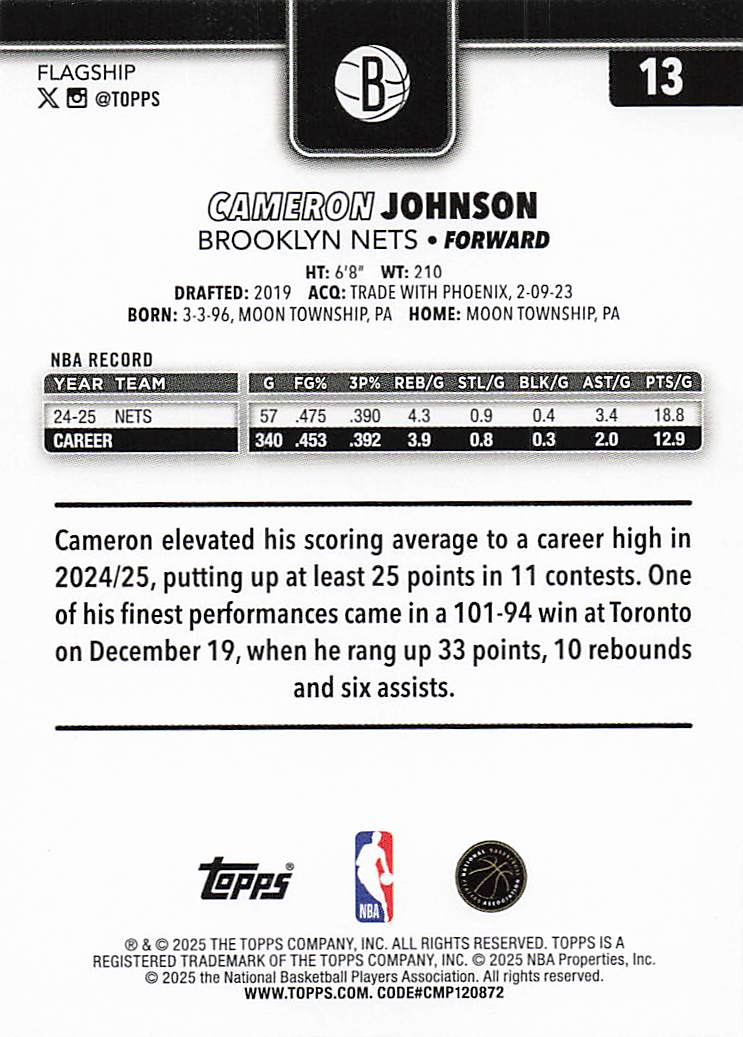 2025-26 Topps Basketball Cameron Johnson #13