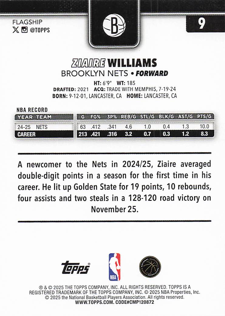 2025-26 Topps Basketball Ziaire Williams #9
