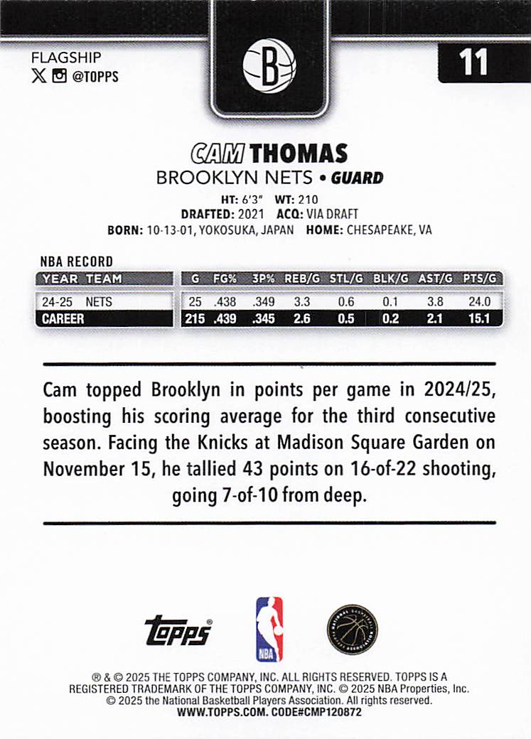 2025-26 Topps Basketball Cam Thomas #11